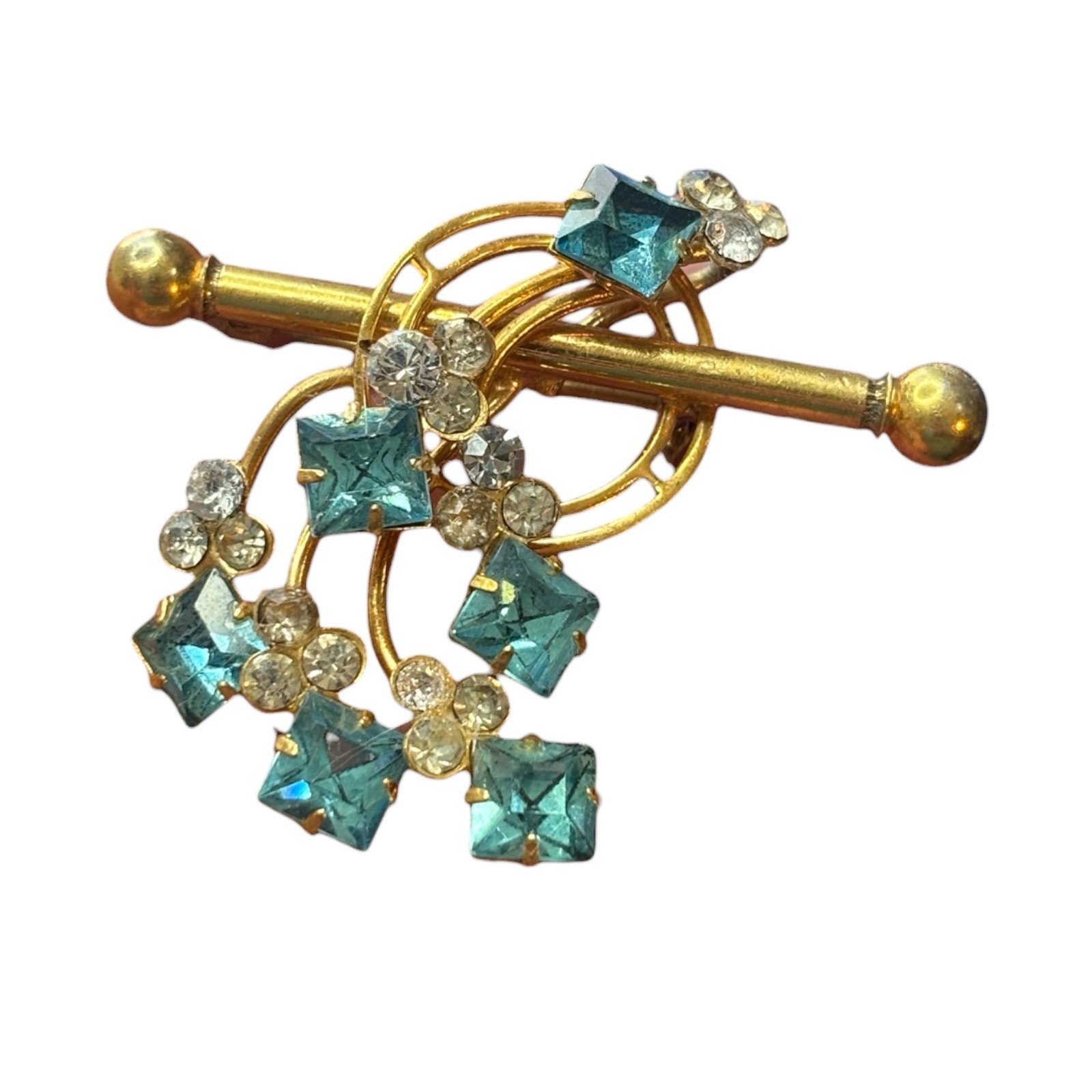 Antique Art Deco Transition Brooch Teal Glass Rhinestone Dangle Pin Edwardian 45$